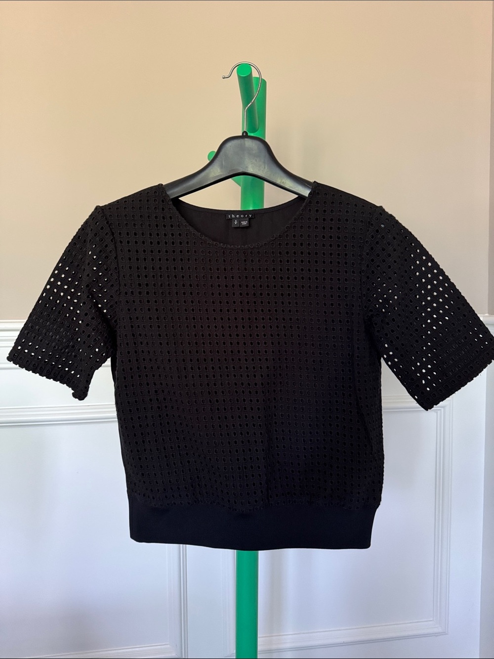 Theory Black Eyelet Short Sleeve Knit Tee